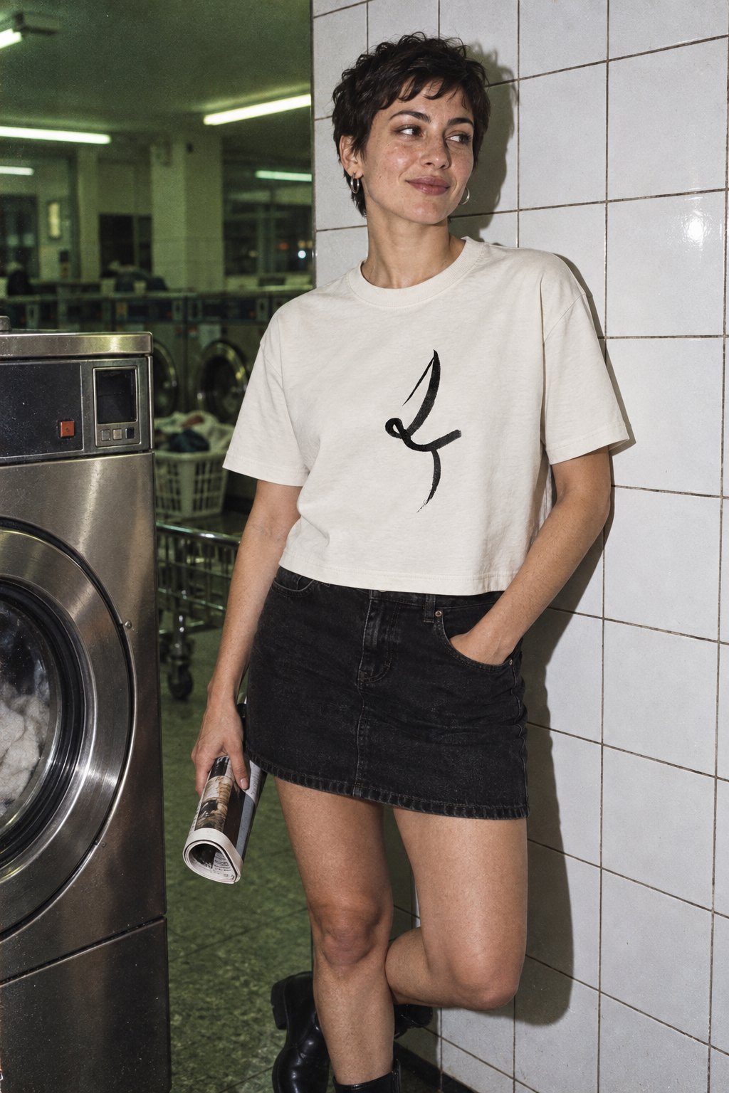 Faded Bone One Line cropped tee with black drawing, styled with a denim skirt in a laundromat