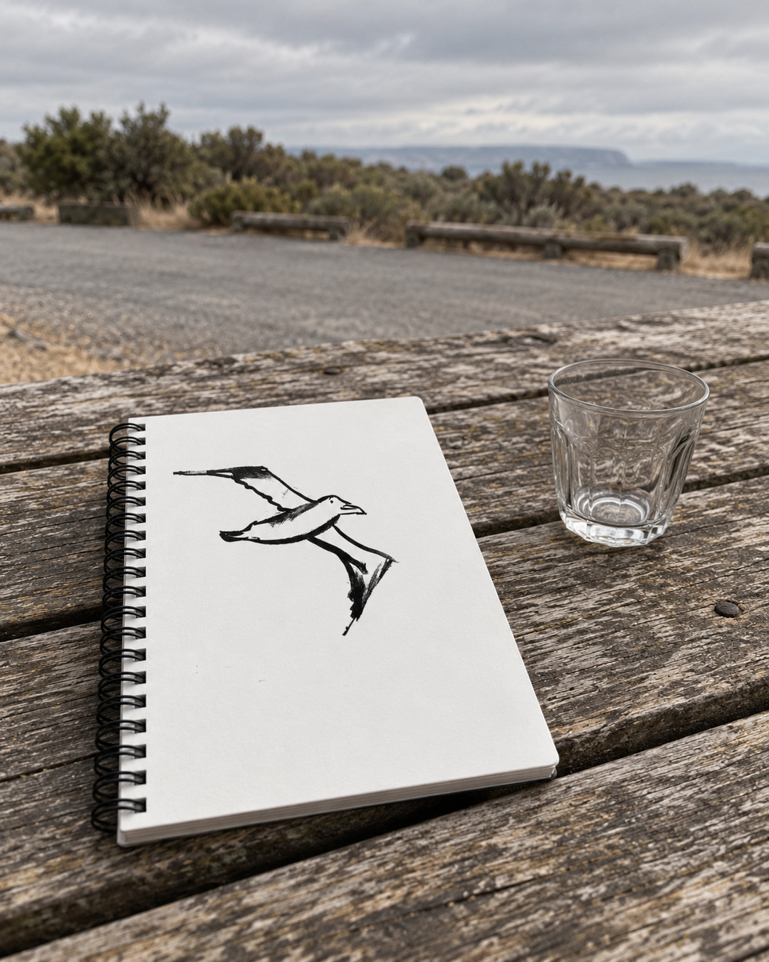 White Albatross spiral notebook with black bird drawing on a weathered picnic table beside an empty glass