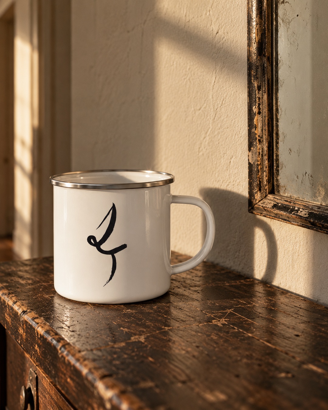 White One Line enamel mug with black ink mark and silver rim casting a hard shadow beside a worn hallway mirror