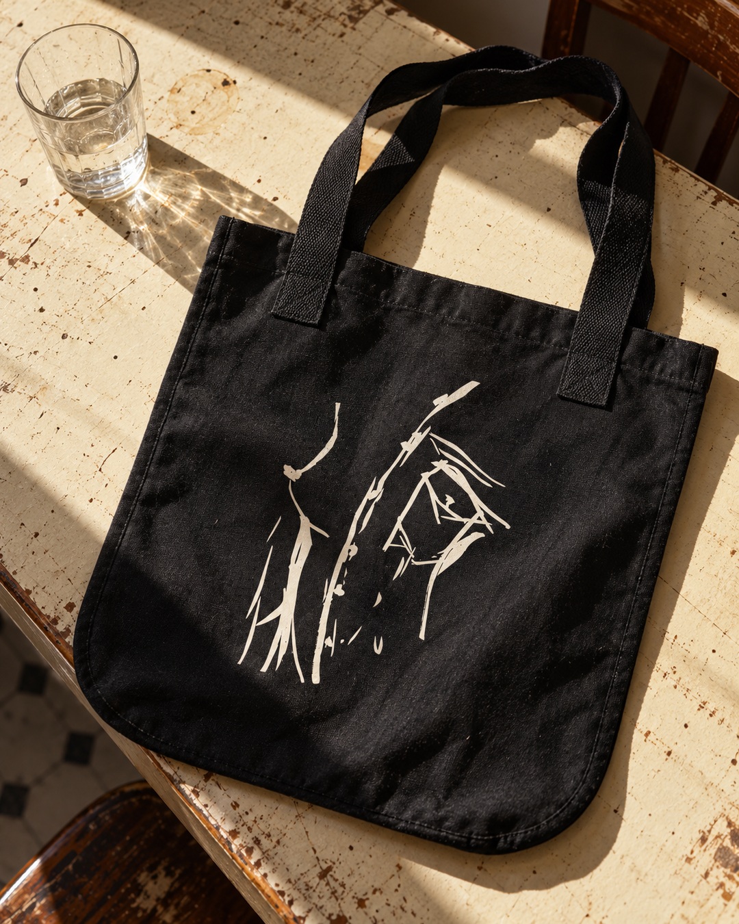 Black Peaking Out canvas tote with cream ink drawing lying beside a water glass on a worn cream table