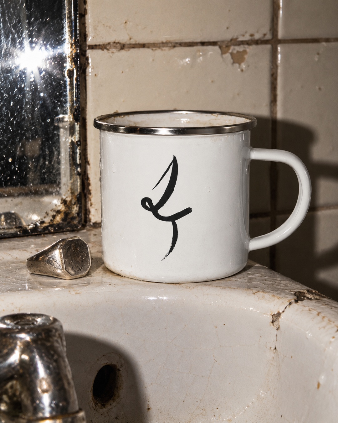 White One Line enamel mug with black ink drawing and silver rim beside a ring on a chipped bathroom basin